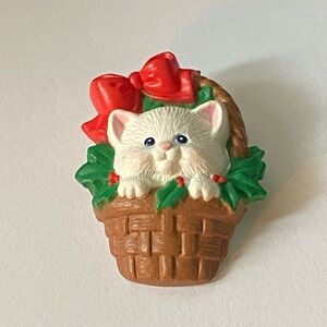 Vintage Hallmark Christmas Cat in Basket Brooch Pin